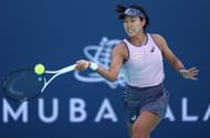 Moyuka Uchijima plays a forehand in her first-round match against Leylah Fernandez of Canada during day three of the Mubadala Abu Dhabi Open - Source: Getty